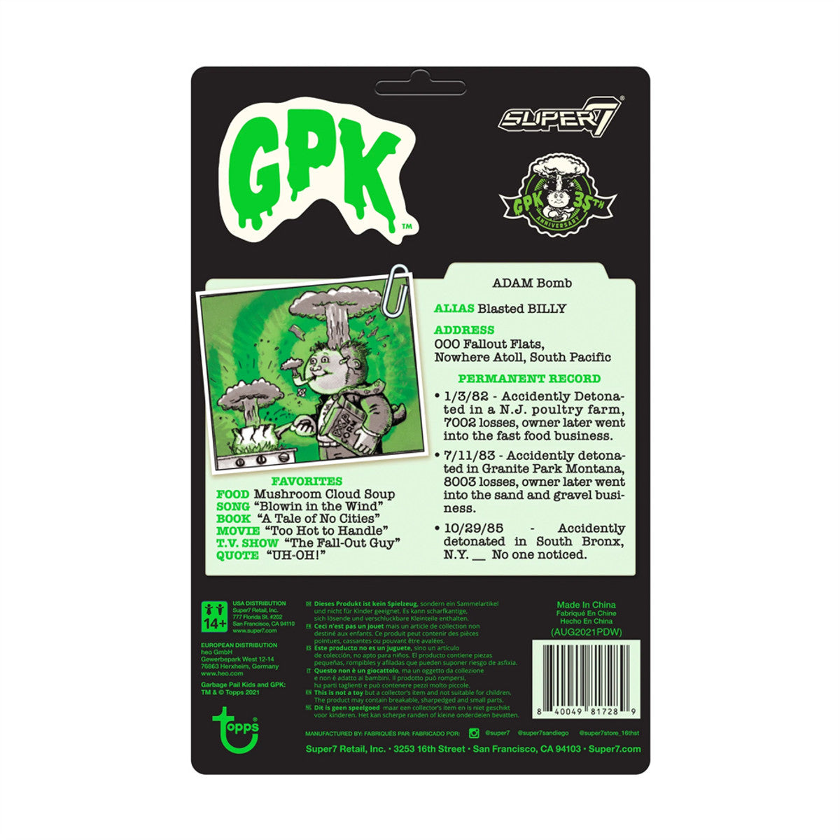 GARBAGE PAIL KIDS ADAM BOMB GLOW REACTION FIGURE