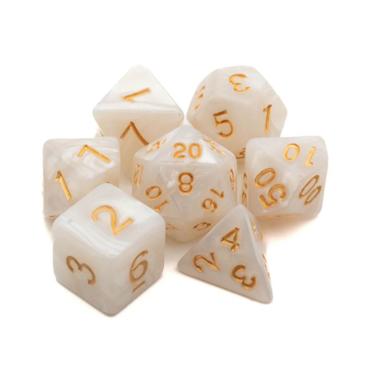 White Set of 7 Marbled Polyhedral Dice with Gold Numbers