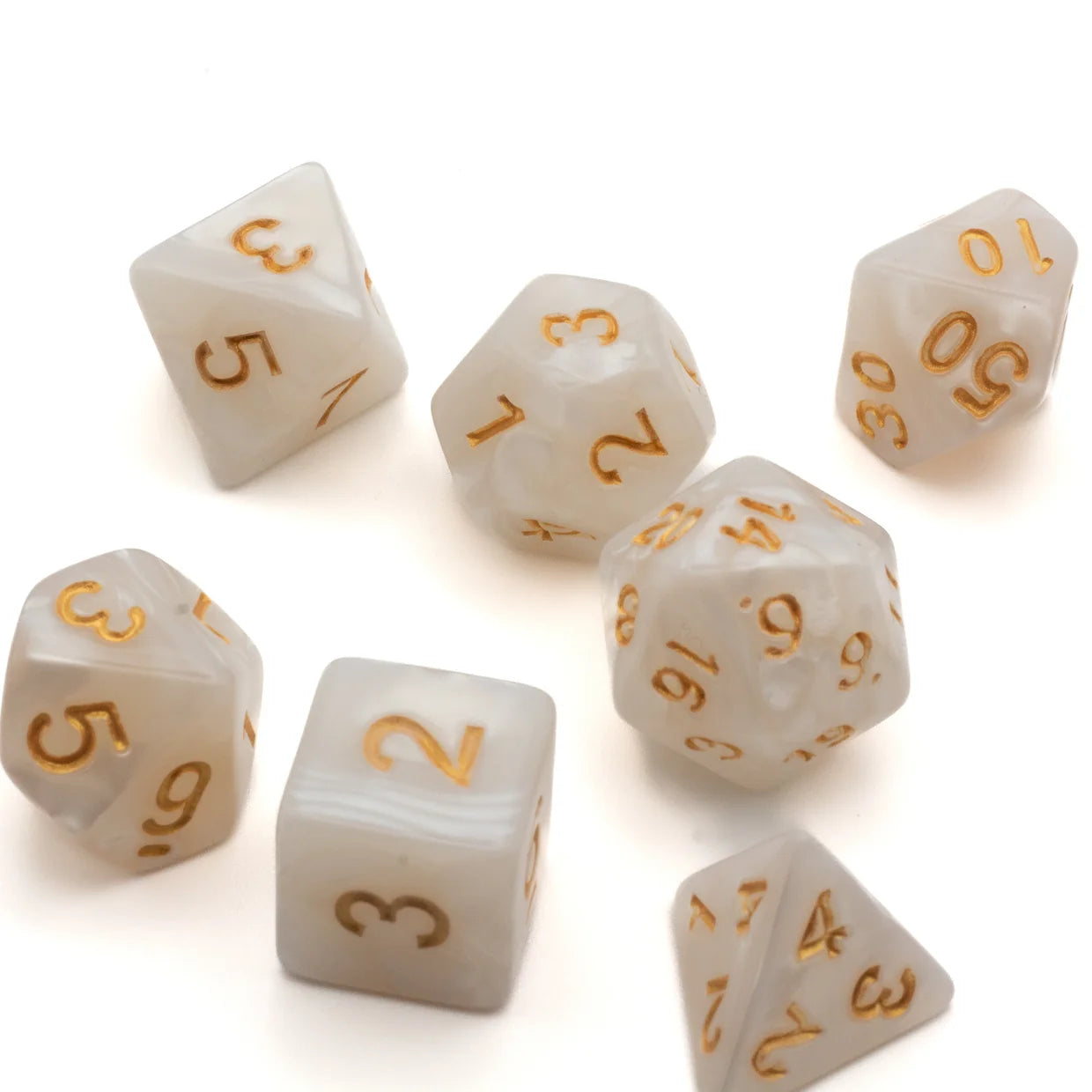 White Set of 7 Marbled Polyhedral Dice with Gold Numbers