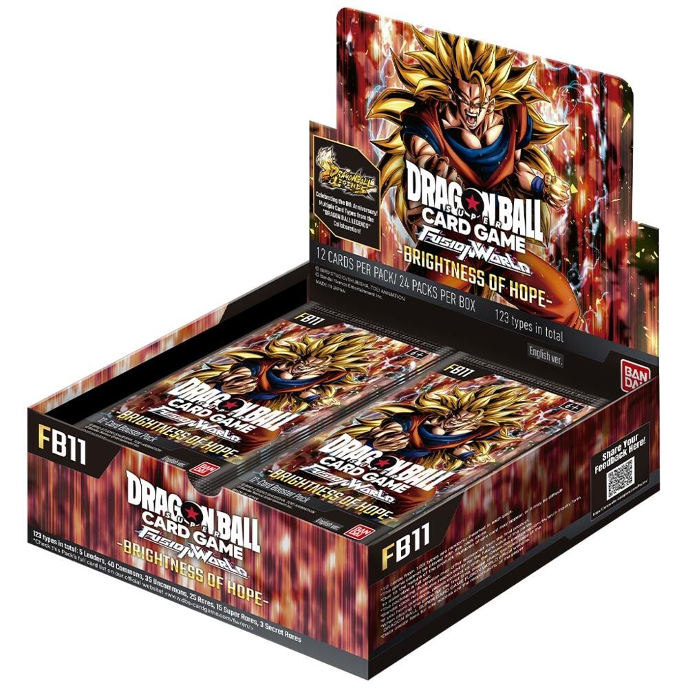 Dragon Ball Card Game: Brightness of Hope - FB11 booster box display with multiple booster packs inside, featuring Super Saiyan Gohan artwork on the packaging.