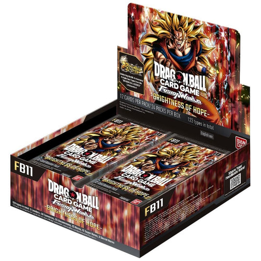 Dragon Ball Card Game: Brightness of Hope - FB11 booster box display with multiple booster packs inside, featuring Super Saiyan Gohan artwork on the packaging.