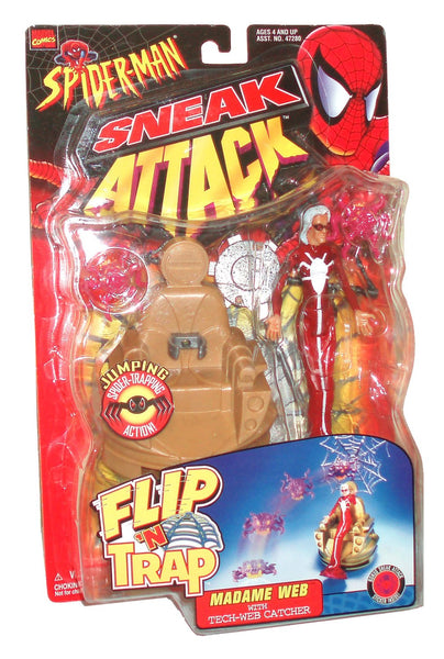 Marvel Comics Year 1998 Spider-Man Sneak Attack Flip 'N Trap 6 Inch Tall Action Figure Set - MADAME WEB with Tech-Web Catcher and Jumping Spider-Trapping Action Plus Bonus Sneak Attack Sticker Inside